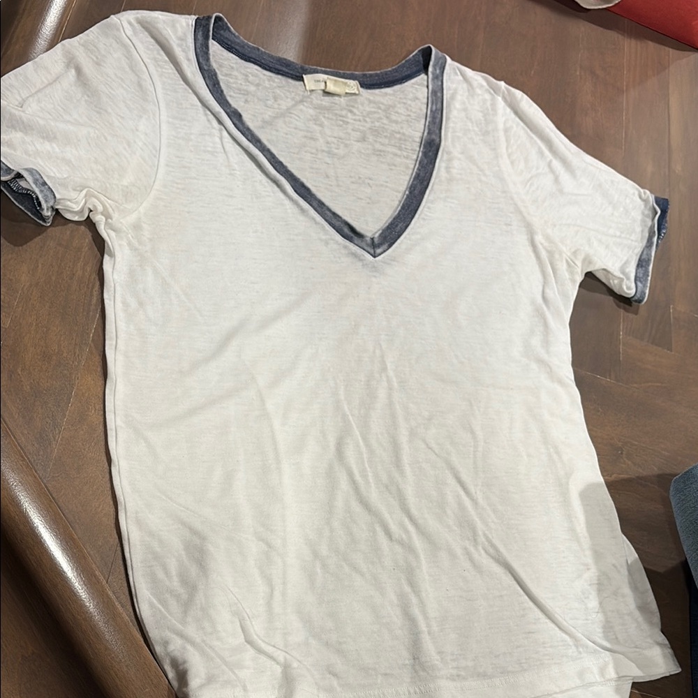 White V-Neck T-Shirt with Blue Trim